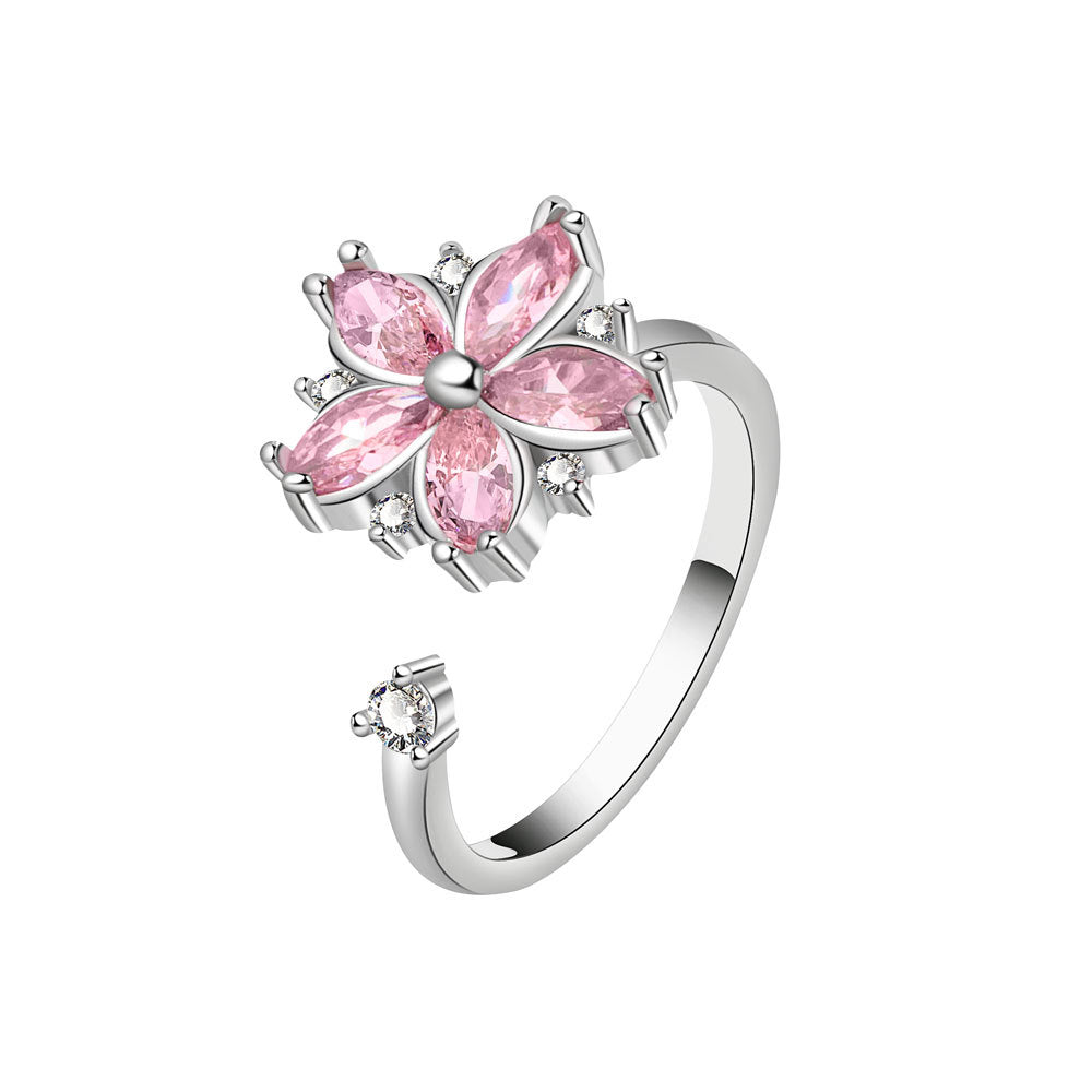 Romantic floral zircon ring with light luxury and niche design, pink floral ring