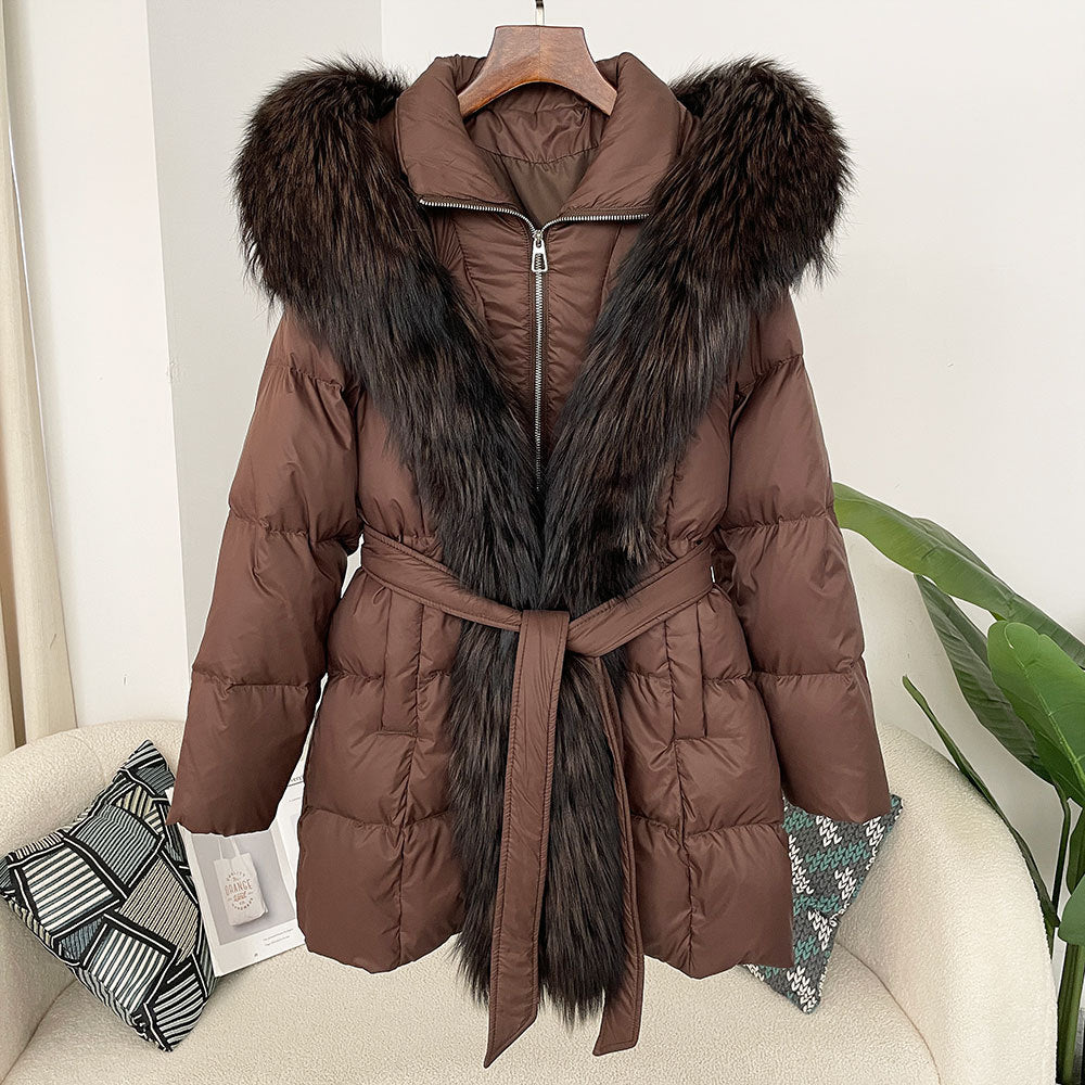 Hooded down jacket women's fox fur collar