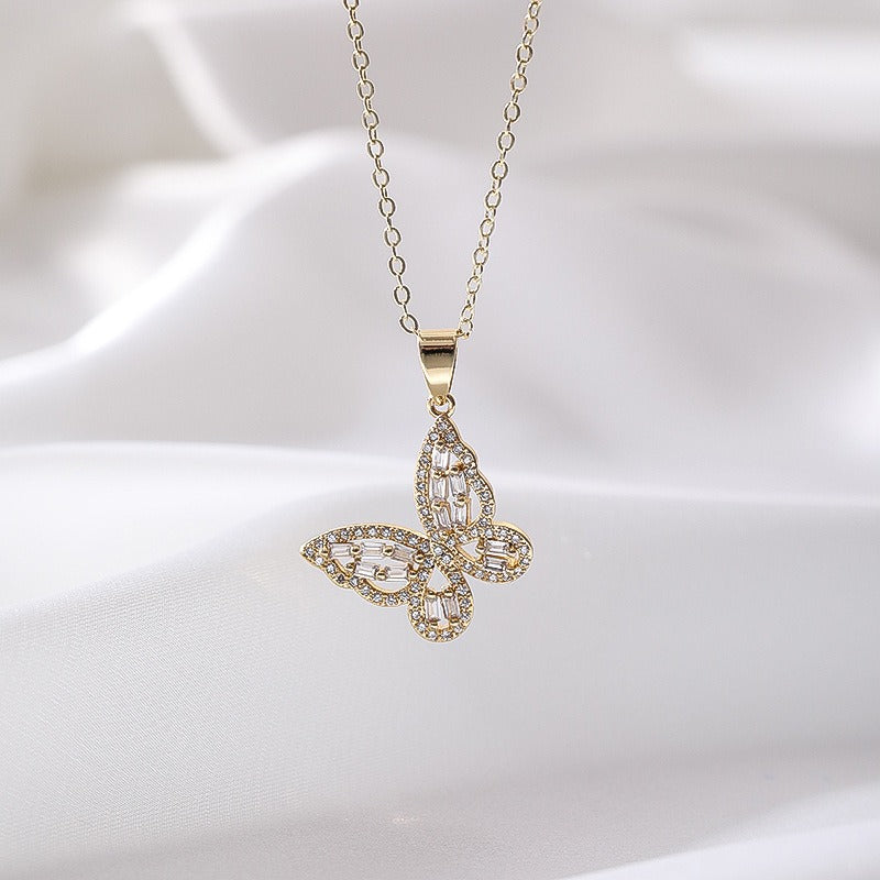 Fashion Copper Inlaid Zircon Butterfly Necklace for Women