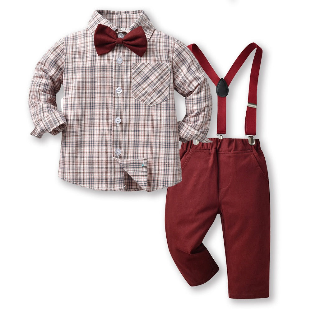 Children's Clothing Autumn Korean Version Multi-Color Plaid Long Sleeve Cotton Shirt Suspenders Boys' Suit