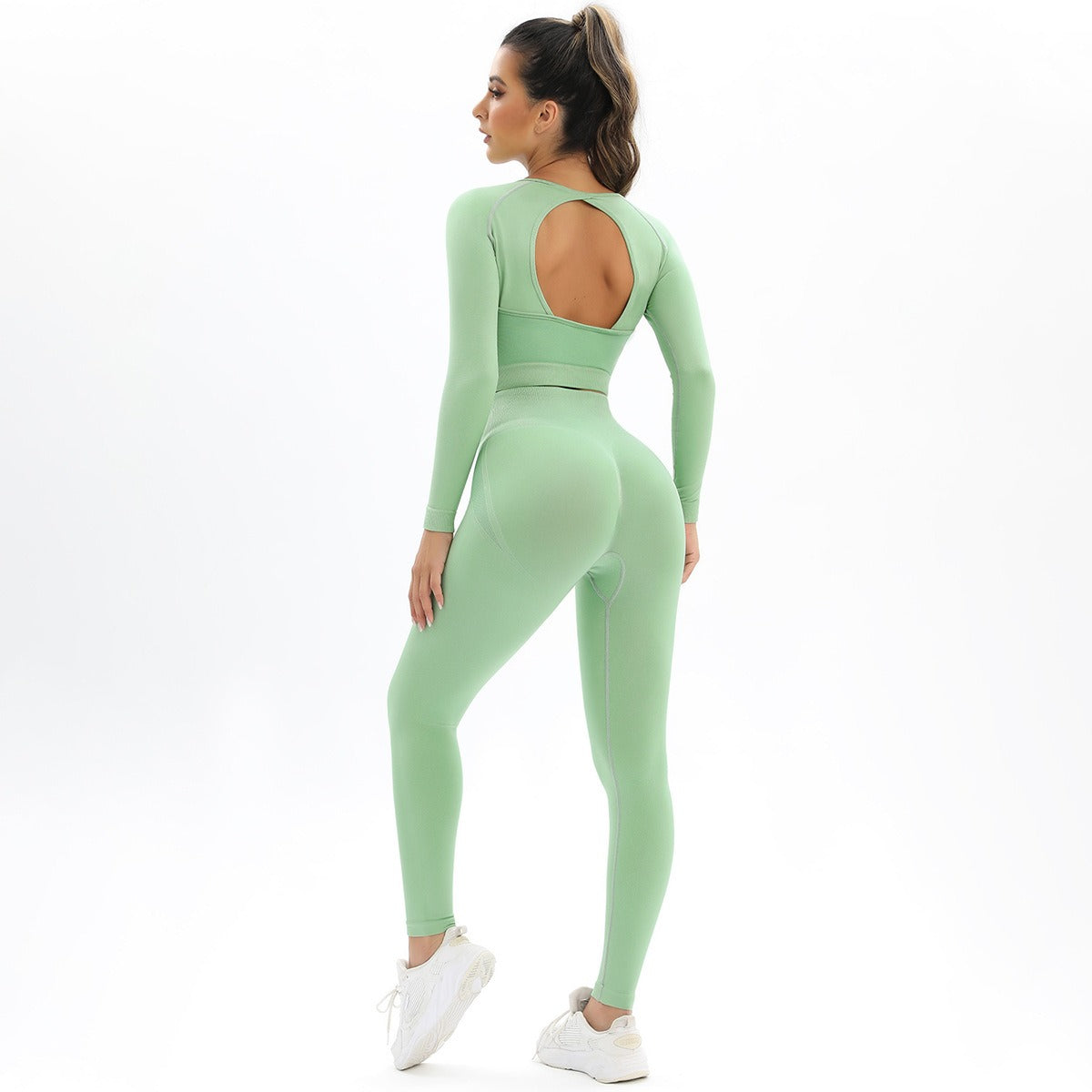 Peach Seamless Knitting Backless High Elastic Long Sleeve Yoga Suit Sports Running Fitness Two-Piece Set For Women