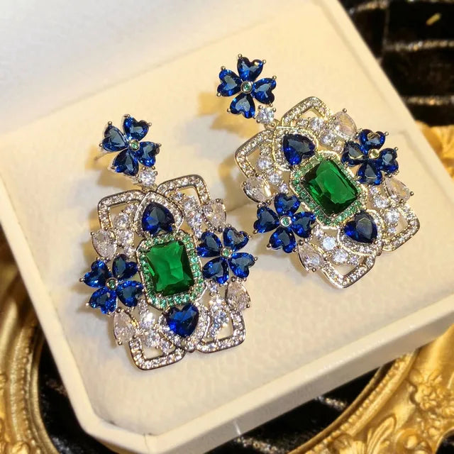 Sapphire Flower Square Brand Heavy Industry Zircon Earrings S925 Silver Needle Earrings Luxury Zircon Earrings