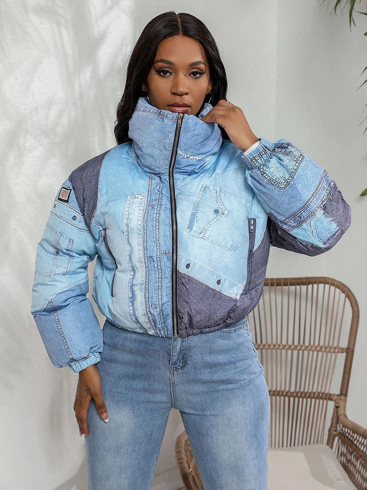 Fashion Women's Cotton-padded Coat Denim Printing Lapel Zipper Short Thickening Parkas Jakcets Winter  New Tide