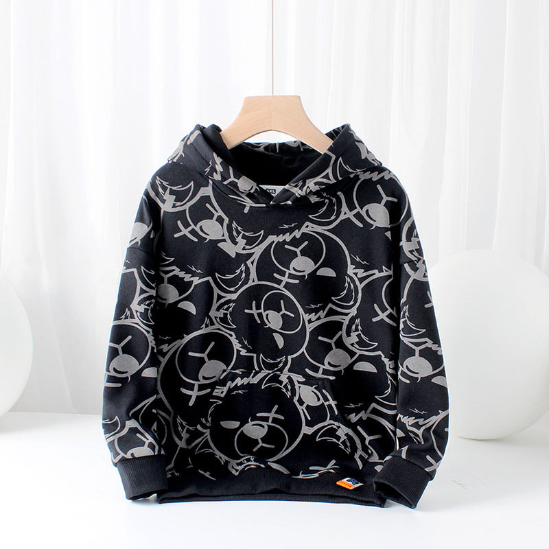 Children's Clothing Autumn And Winter Korean New Hooded Sweater Middle Aged Children's Full Printed Bear Long Sleeved Boy's Sweater