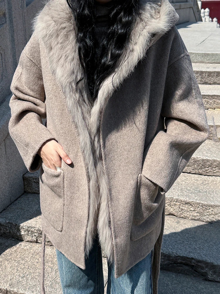 Fashion Women's Fox Fur Grass Inner Bladder Wool Coat Hooded Loose Sashes Solid Color Overcoat Winter New