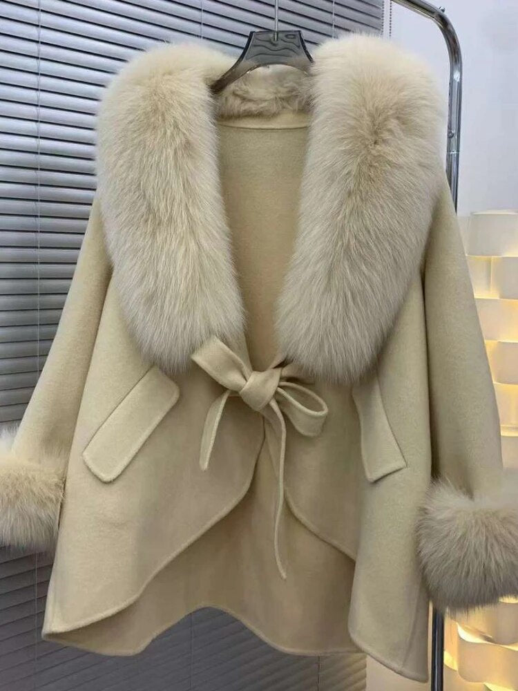 New Winter Autumn Women Woolen Jacket Real Big Fur Trim Collar High-end Cashmere Blends Luxury Fashionable Cloak