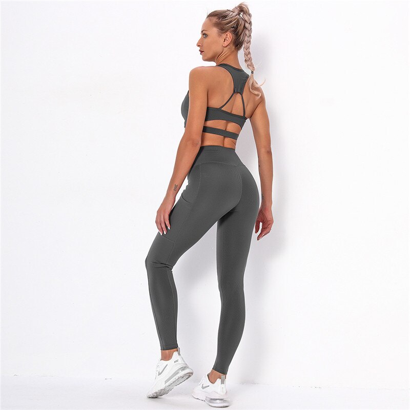 Striped Sports Suits Gym Training Yoga Leggings Sets Women Tracksuits Fitness Outfit Running Workout Sets