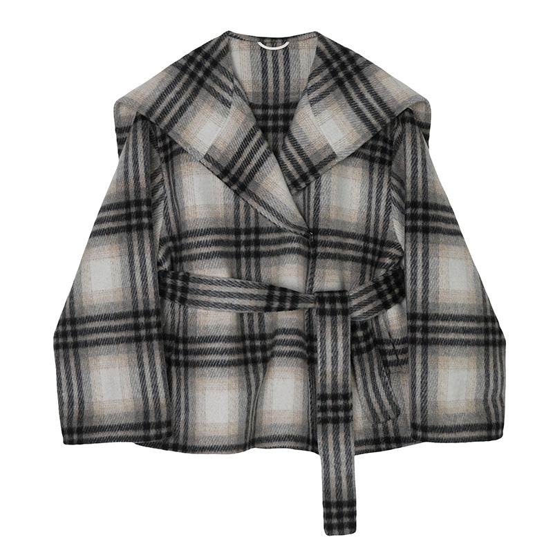 Grid patterned large collar fashionable double-sided woolen coat