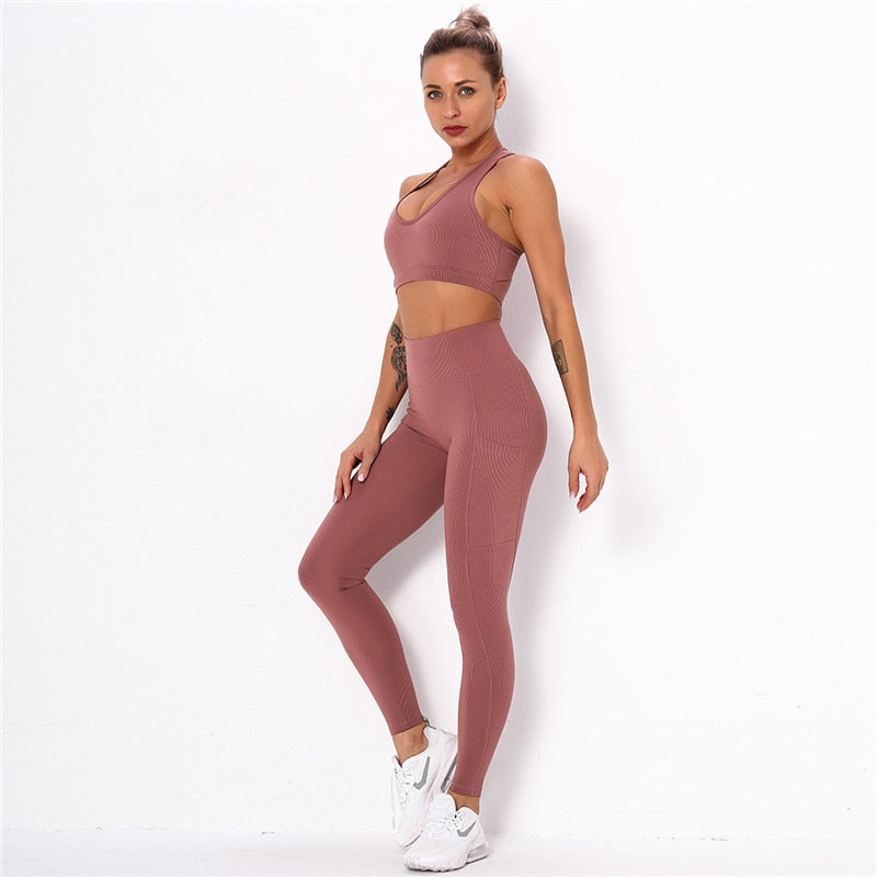 Striped Sports Suits Gym Training Yoga Leggings Sets Women Tracksuits Fitness Outfit Running Workout Sets