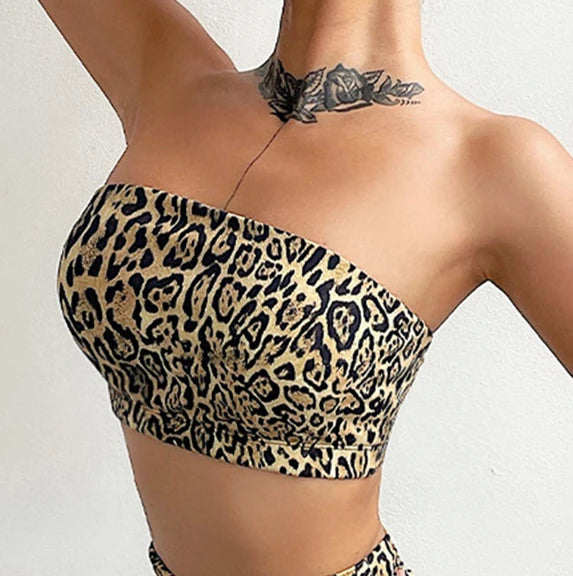 Nylon  Tube Bra Tracksuits Women Leopard print Yoga Set Sports Suit Women Lounge Wear Crop Tops Sexy Women Leggings