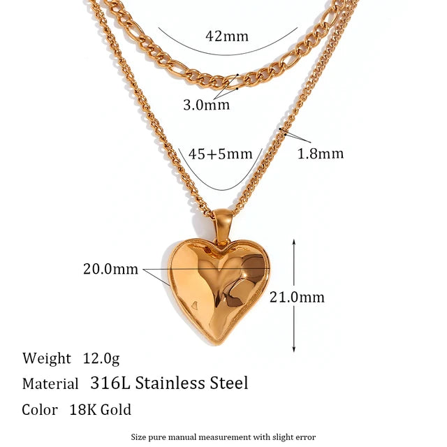 Holiday Vocation Mothers Day Gift Gold Plated Casting Heart Pendant Double Layers Necklace Waterproof Stainless Steel Jewelry