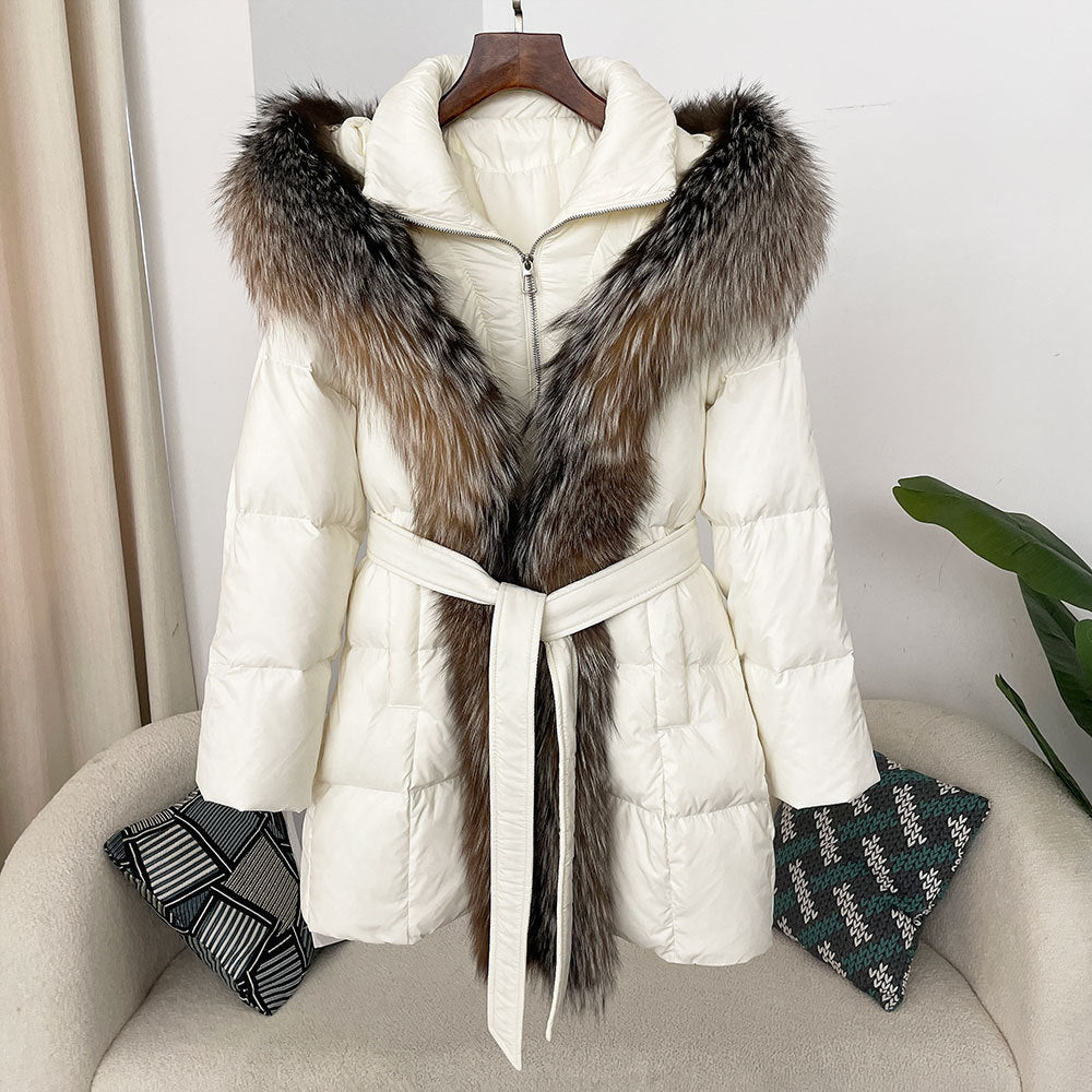 Hooded down jacket women's fox fur collar