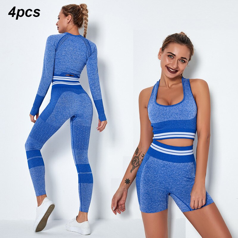 4Pcs Women Vital Seamless Yoga Set Sports Bra+Crop Top Shirts+Shorts+High Waist Leggings Gym Clothing Sports Wear For Women