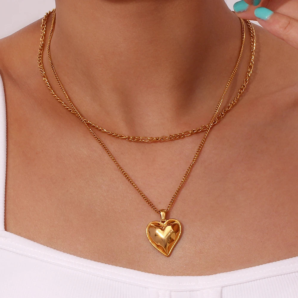 Holiday Vocation Mothers Day Gift Gold Plated Casting Heart Pendant Double Layers Necklace Waterproof Stainless Steel Jewelry