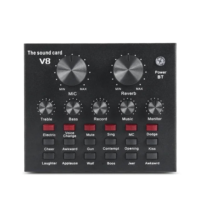 V8 Professional Sound Card Streaming Live Broadcast Podcast Recording Studio Equipment Voice Changer Audio Interface SoundCard