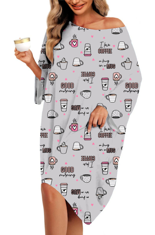 Women's nightgown home clothes T-shirt short sleeved printed pajamas nightgown with pockets