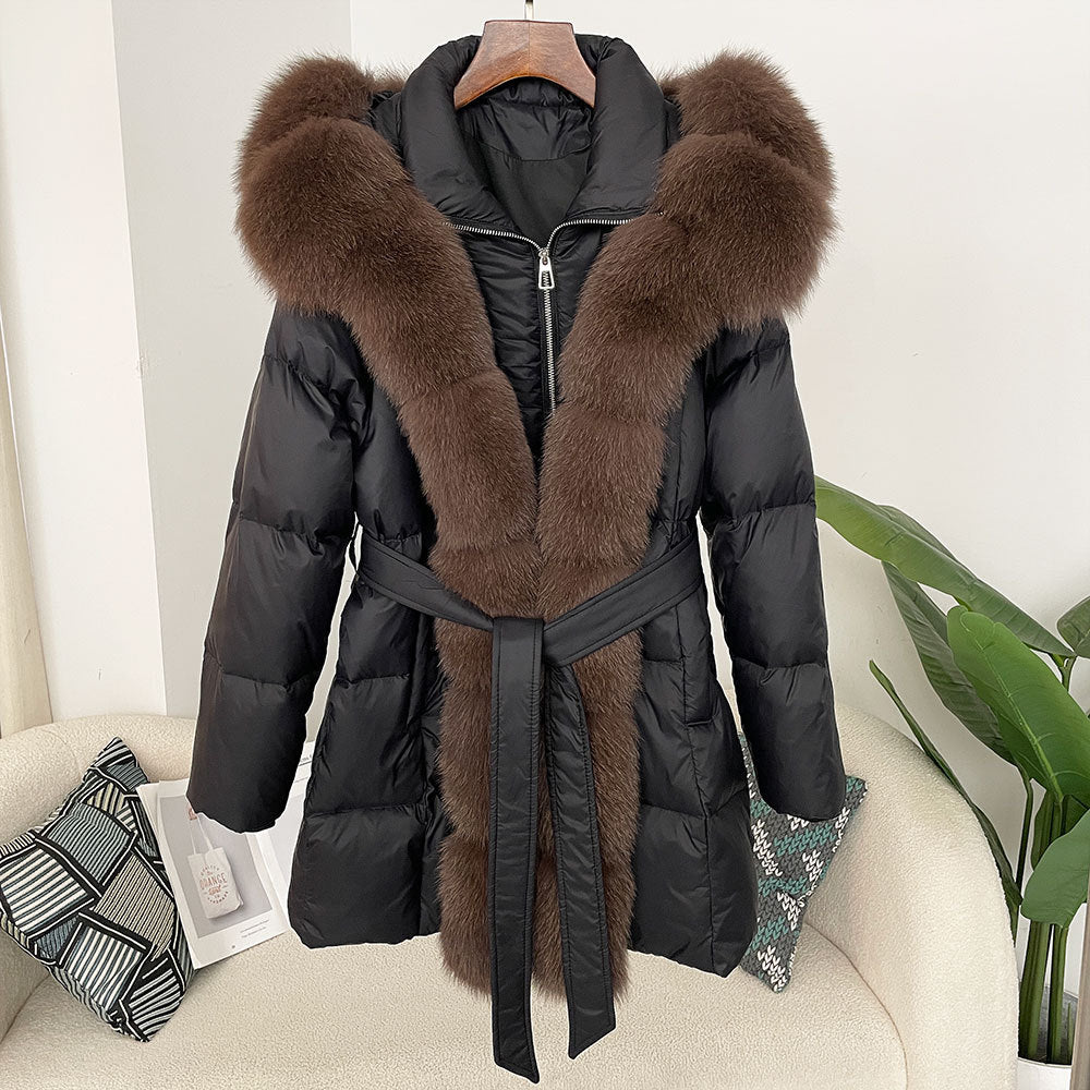 Hooded down jacket women's fox fur collar