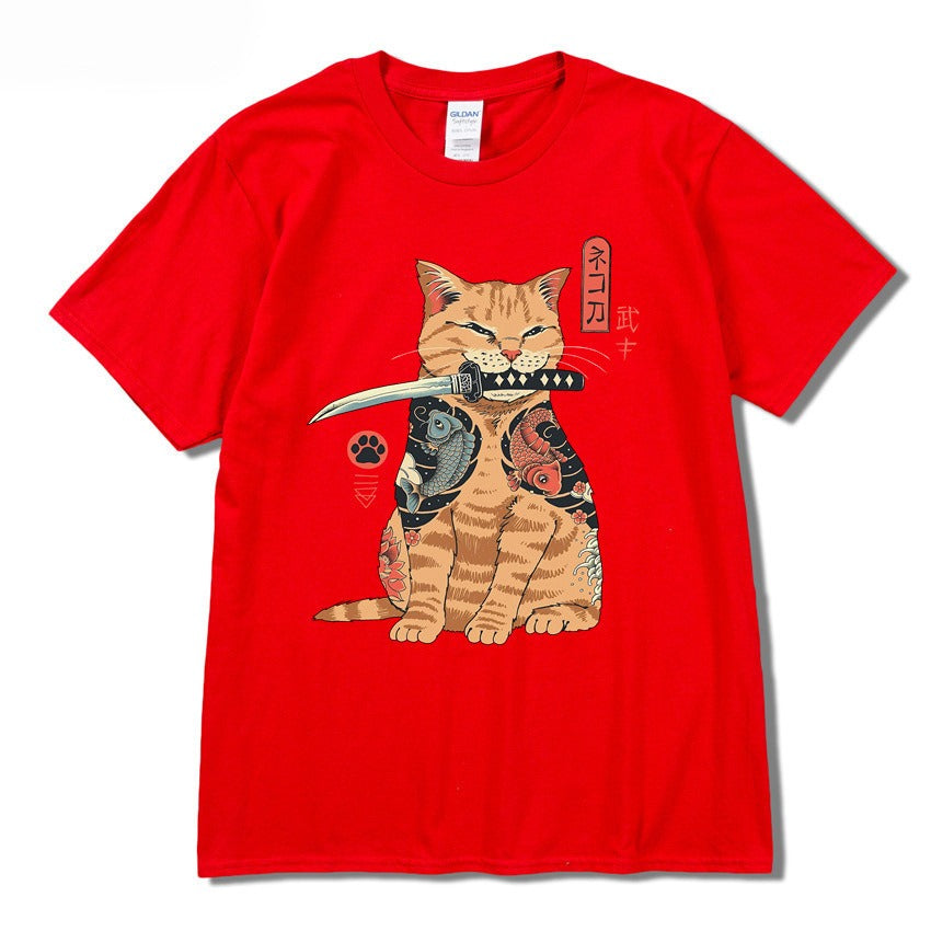 Summer 2D printed T-shirt sports round neck casual short sleeved cat top