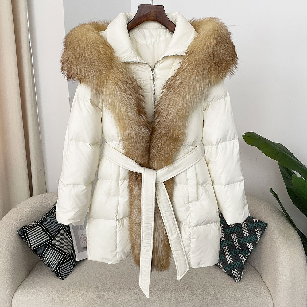 Hooded down jacket women's fox fur collar