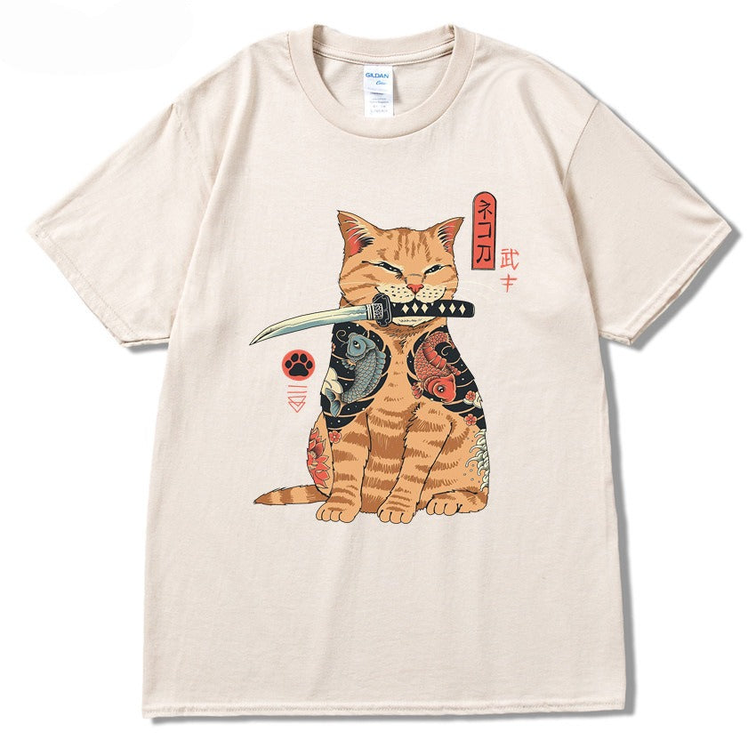 Summer 2D printed T-shirt sports round neck casual short sleeved cat top