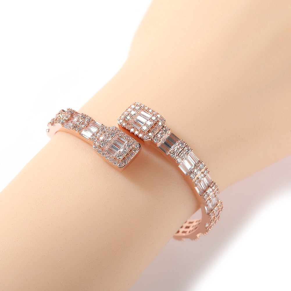 Fashionable Opening Bracelet Ins Style Diamond Set Interwoven Two Color Bracelet Personalized Hip Hop Men's Handpiece