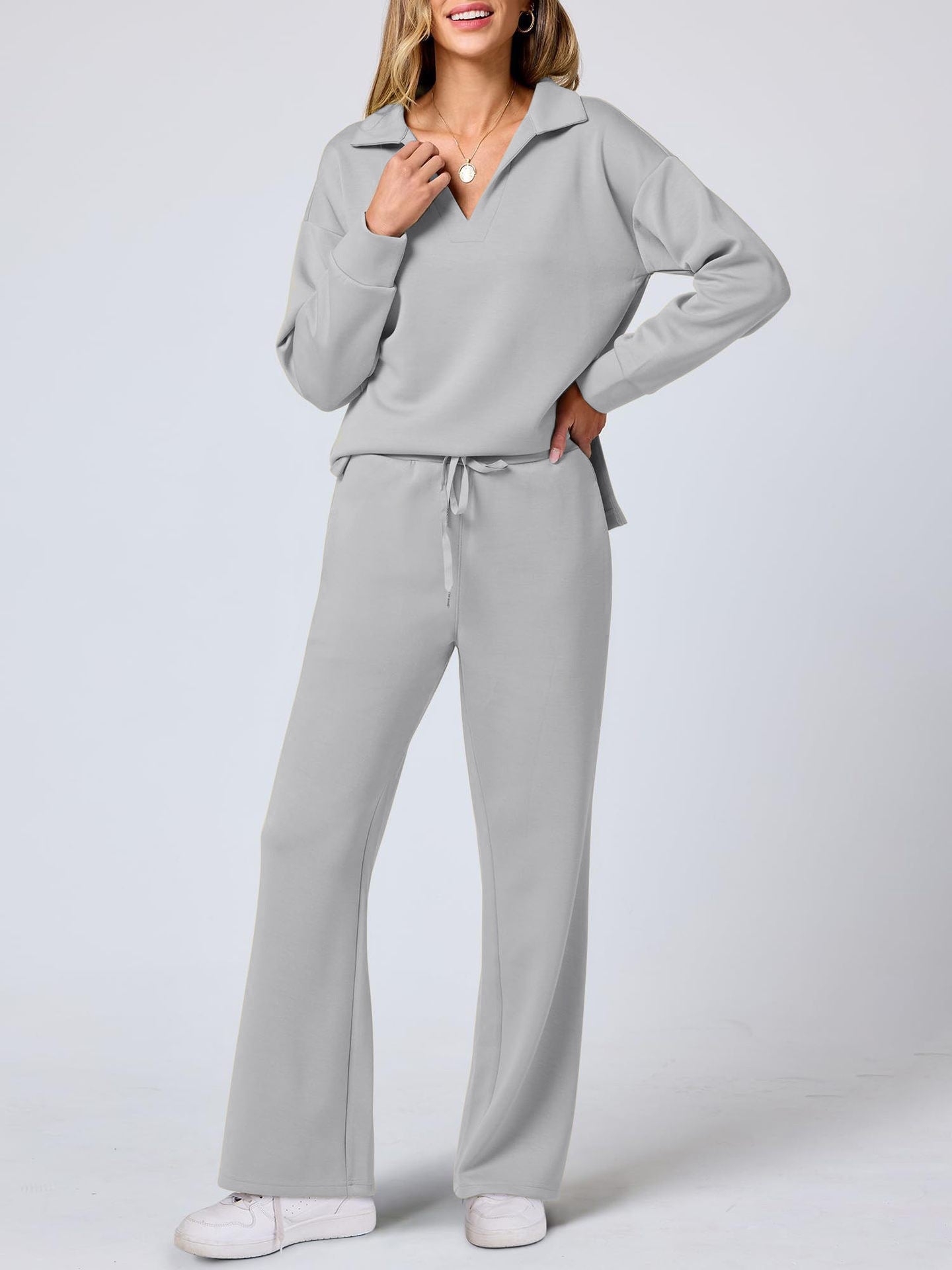 Autumn and winter fashion casual sports suit long-sleeved V-neck sweatshirt wide-leg pants two-piece suit for women