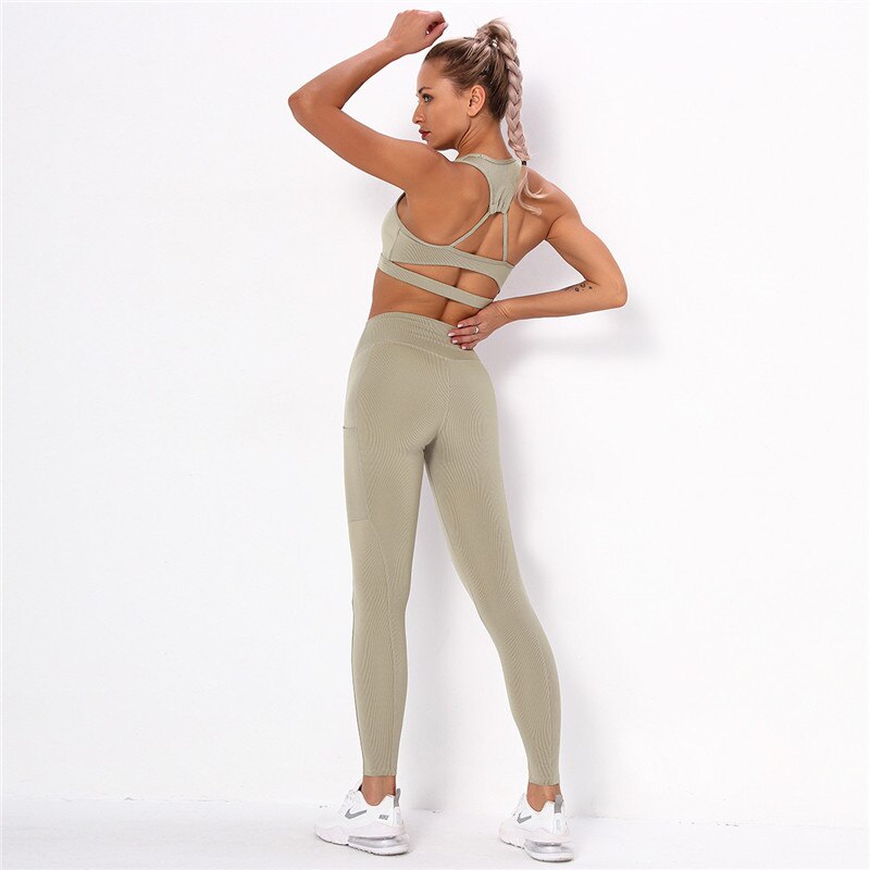 Striped Sports Suits Gym Training Yoga Leggings Sets Women Tracksuits Fitness Outfit Running Workout Sets