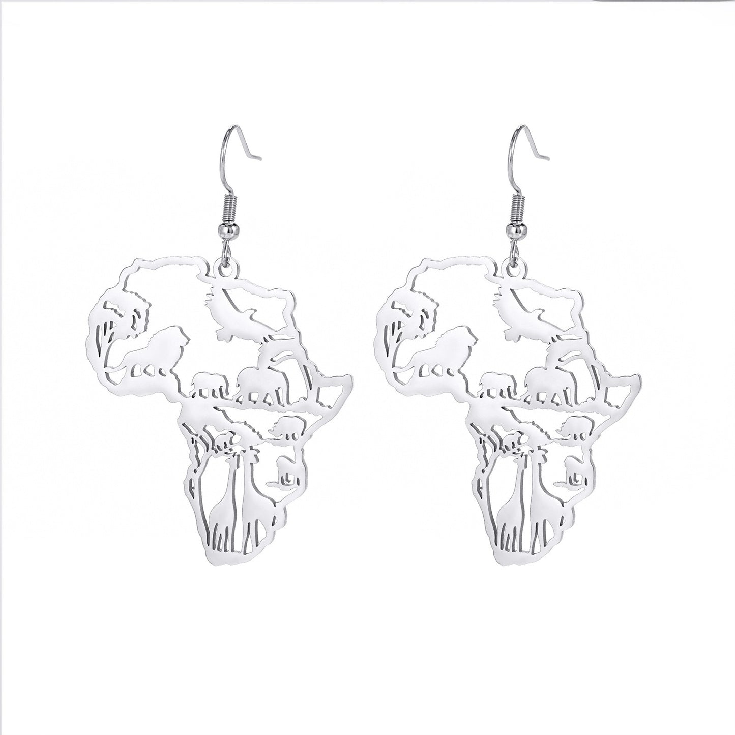 African Map Women's Pendant Earrings Animal Elephant Giraffe Tassel Earrings Stainless Steel