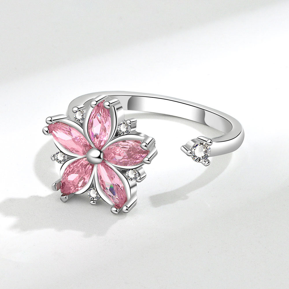 Romantic floral zircon ring with light luxury and niche design, pink floral ring