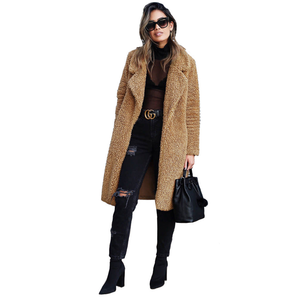 Long sleeved lapel women's plush top long coat lamb velvet double-sided velvet