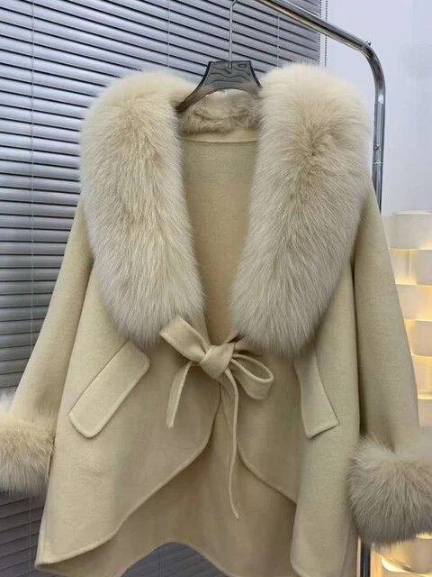 New Winter Autumn Women Woolen Jacket Real Big Fur Trim Collar High-end Cashmere Blends Luxury Fashionable Cloak