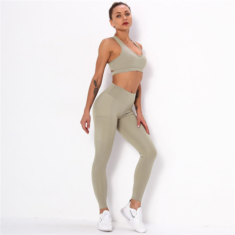 Striped Sports Suits Gym Training Yoga Leggings Sets Women Tracksuits Fitness Outfit Running Workout Sets