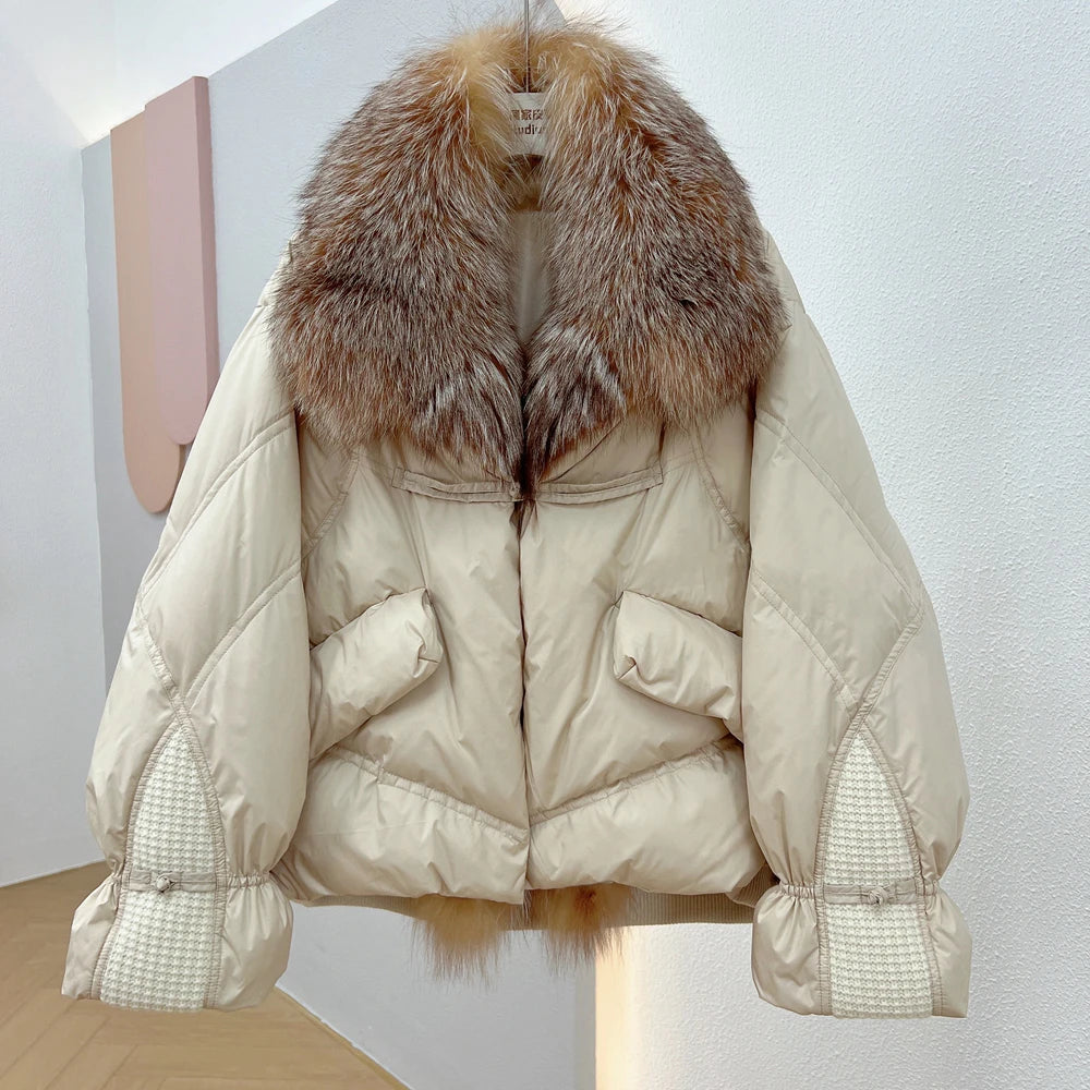 Janveny Natural Silver Fox Fur Collar Women's White Duck Down Jacket Luxury Brand Short Puffer Coat Thick Warm Female Parkas