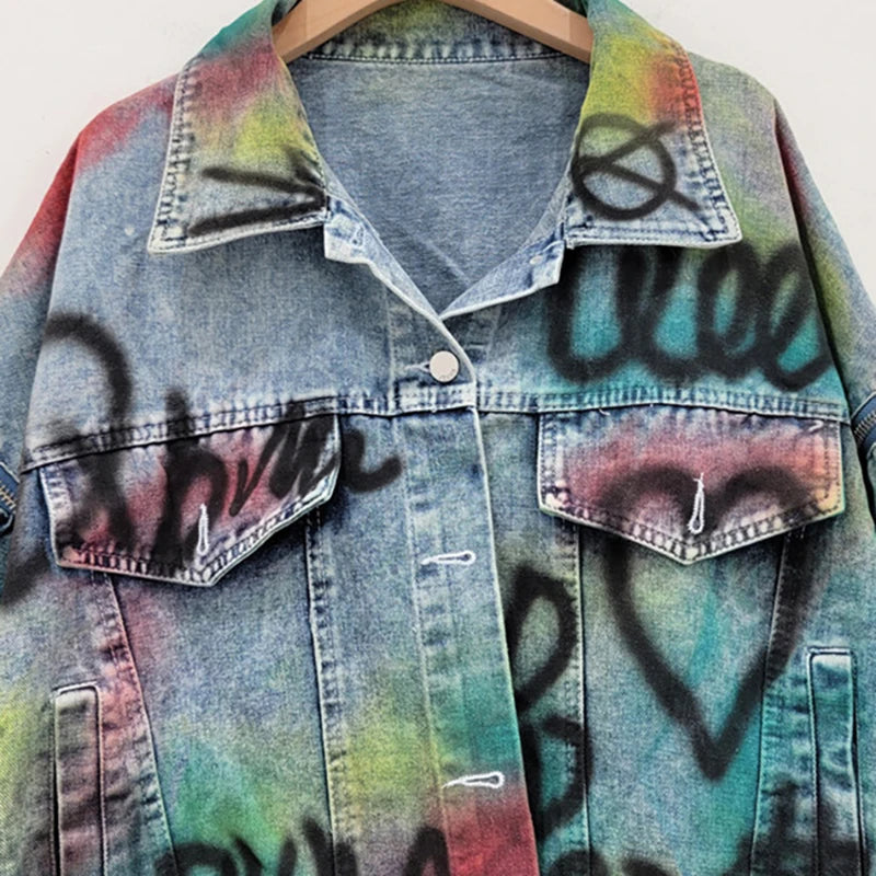 Fashion Women's Denim Coat Loose Patchwork Zippers Letters Printed Contrast Color Irregular Jacket  Autumn New