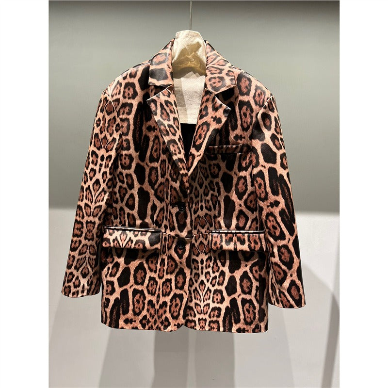 Explosive leopard print fashion genuine leather sheepskin high-end feeling slim fit suit design sense loose and versatile top