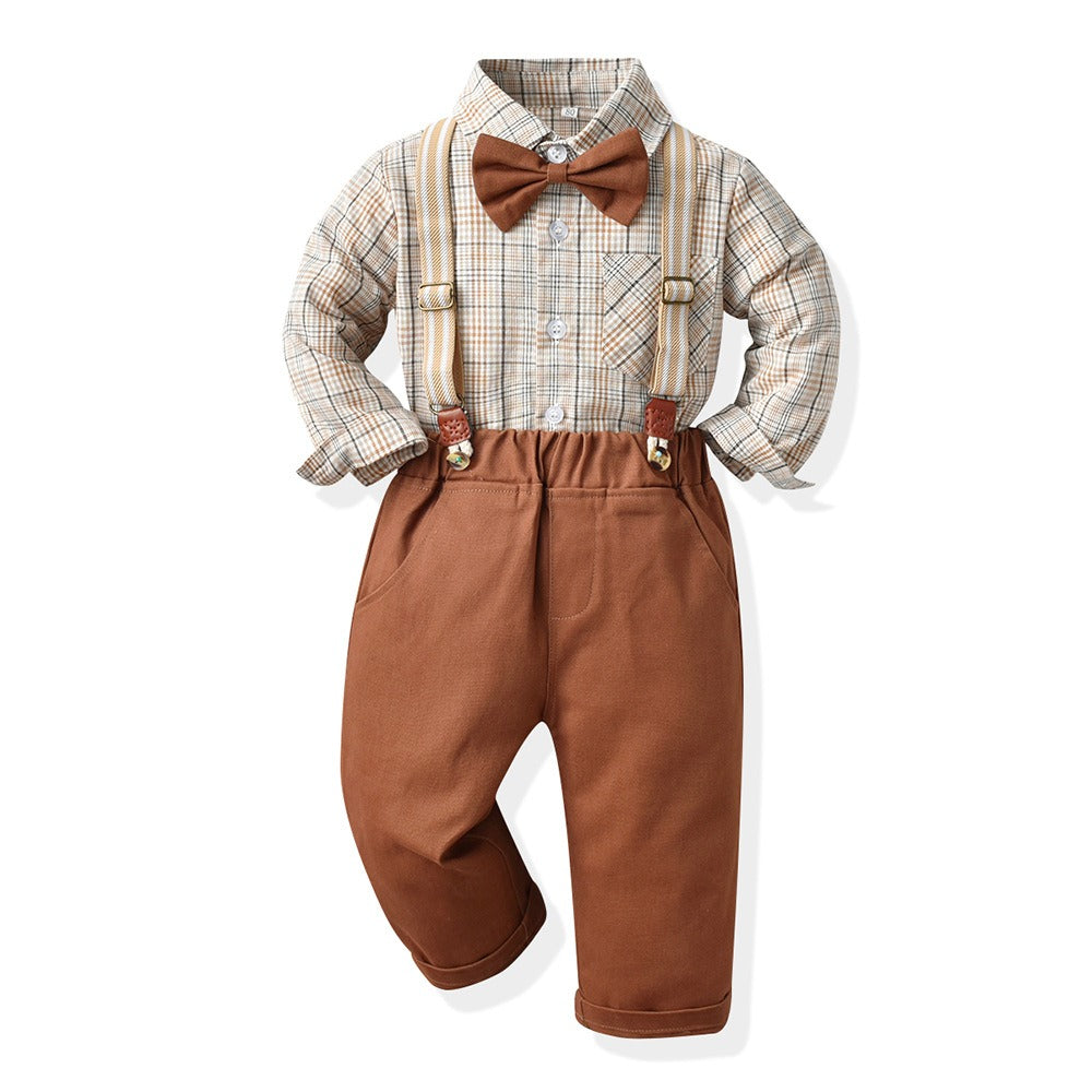 Children's Clothing Autumn Korean Version Multi-Color Plaid Long Sleeve Cotton Shirt Suspenders Boys' Suit