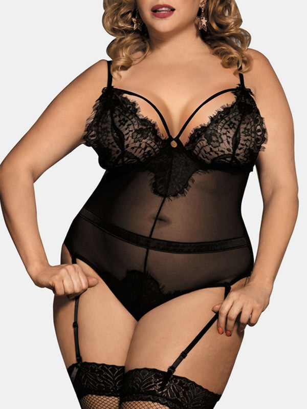 Plus Size Lace Insert Mesh Lingerie Teddy