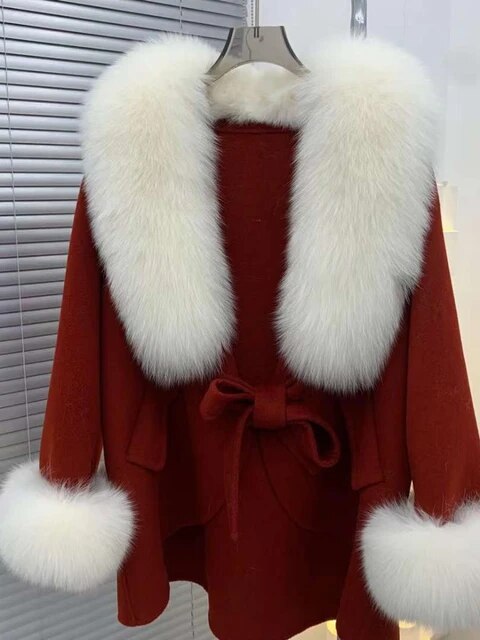 New Winter Autumn Women Woolen Jacket Real Big Fur Trim Collar High-end Cashmere Blends Luxury Fashionable Cloak