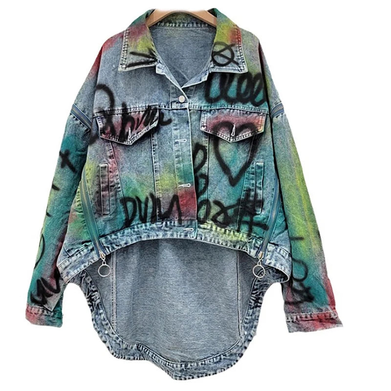 Fashion Women's Denim Coat Loose Patchwork Zippers Letters Printed Contrast Color Irregular Jacket  Autumn New