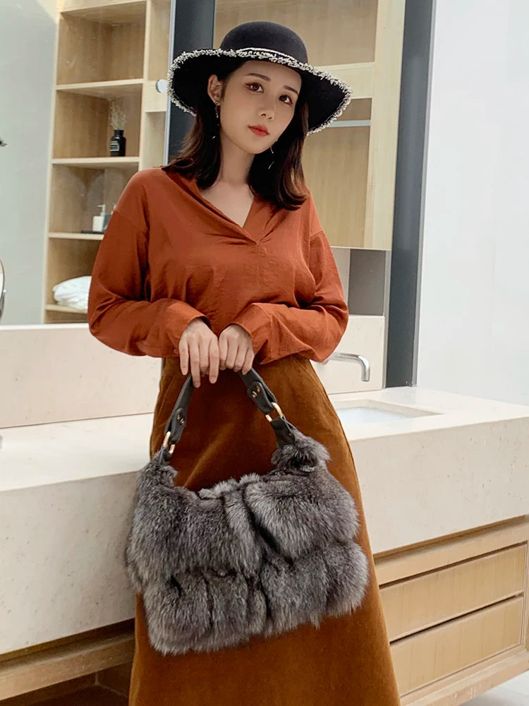 Women Winter Real Fox Fur Handbag Luxury Genuine Fur Party Bag Tote Designer High Quality Real Silver Fox Fur Handbags Female