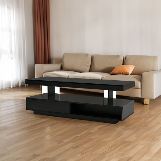 U-Can LED coffee table with storage space, modern central table with 2 drawers and display rack, equipped with LED lights, black