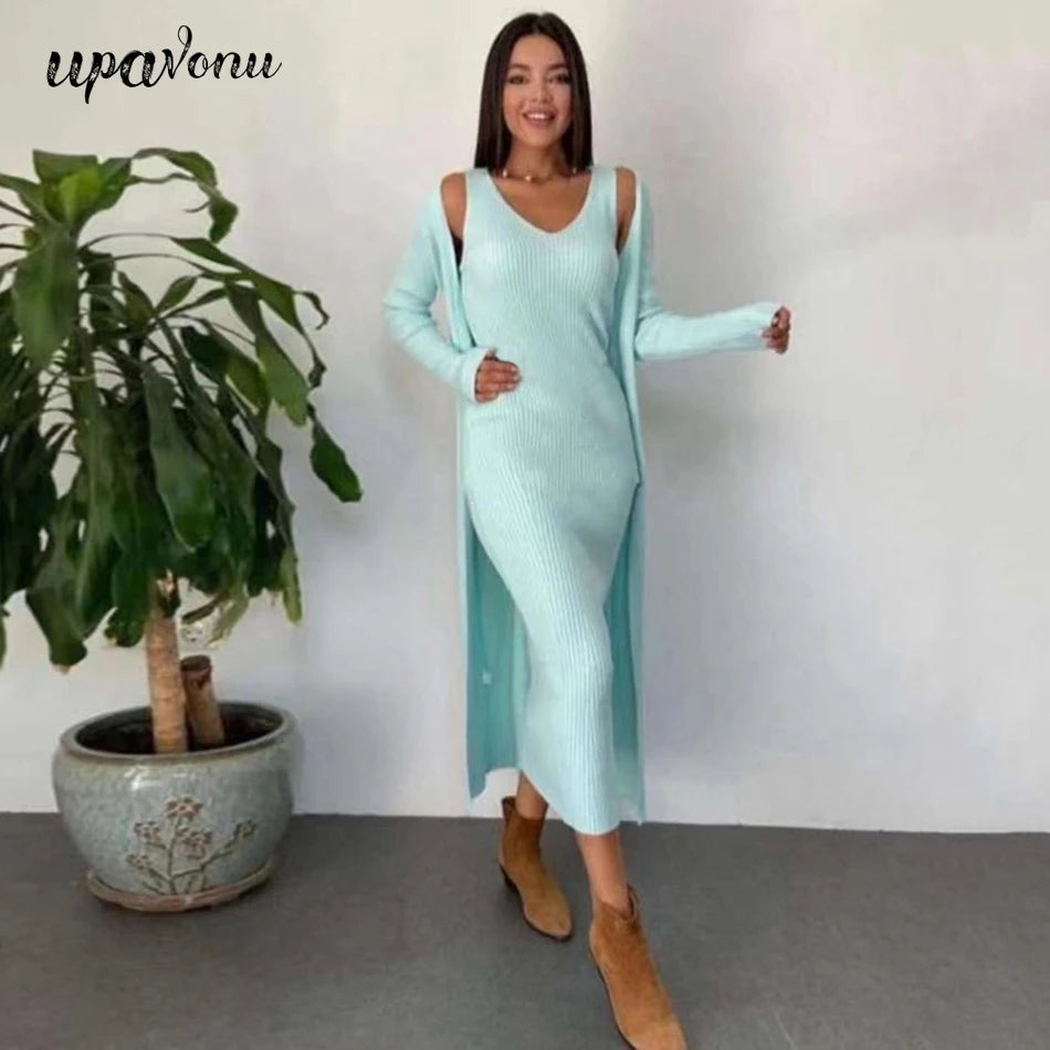 Casual Knit Sling Dress Set V-neck Long Sleeve Loose Long Cardigan Jacket & Midi Dress Two-piece Set