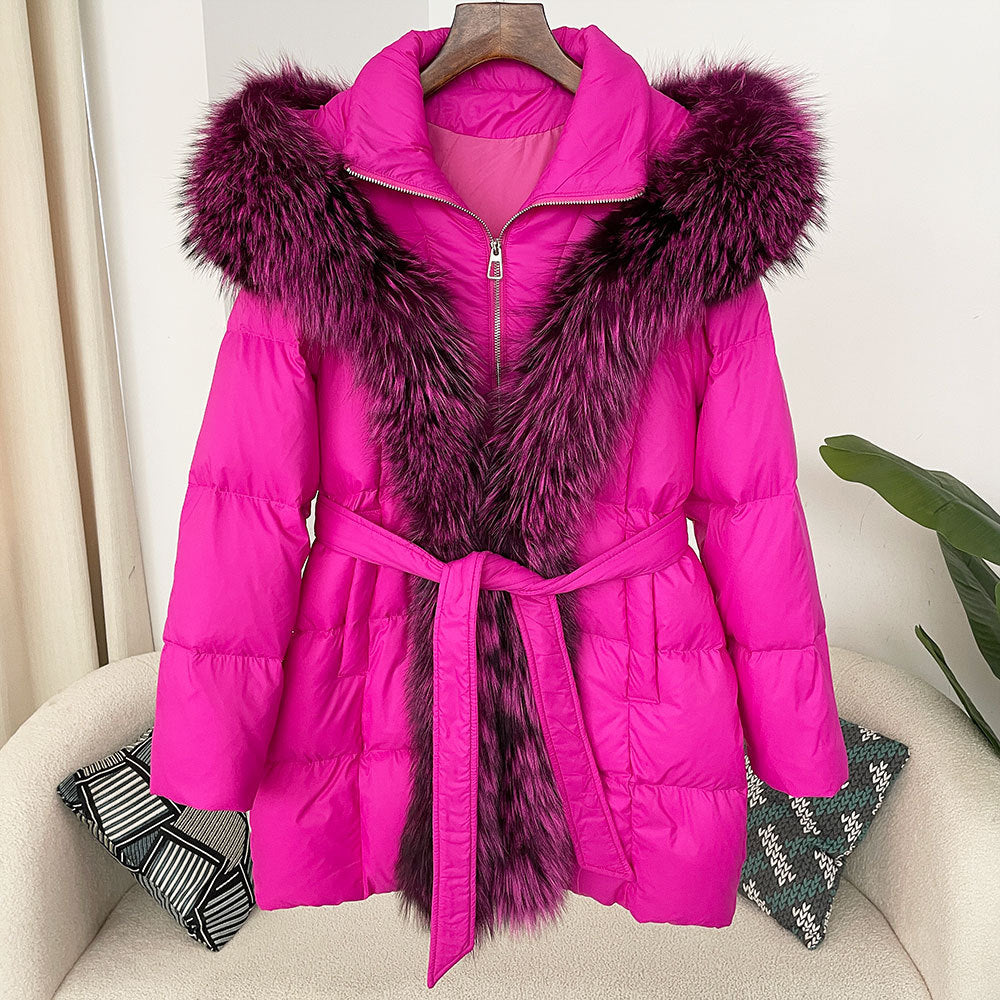 Hooded down jacket women's fox fur collar