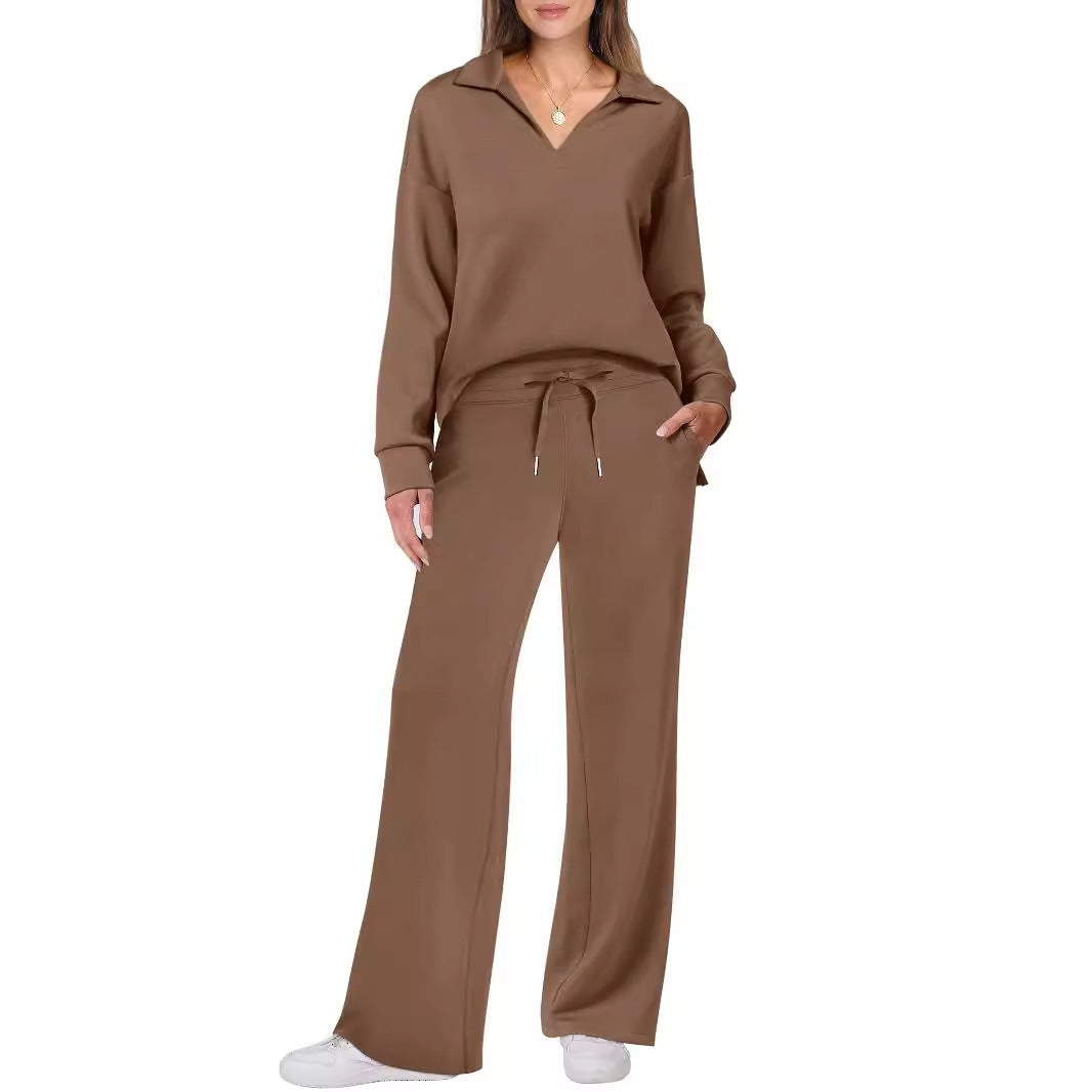 Autumn and winter fashion casual sports suit long-sleeved V-neck sweatshirt wide-leg pants two-piece suit for women