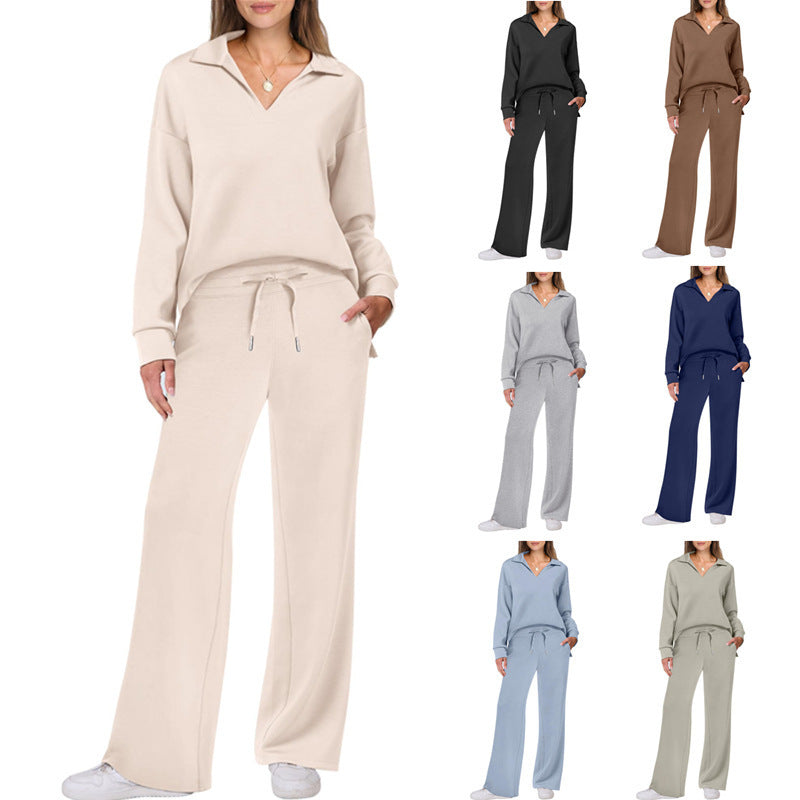 Autumn and winter fashion casual sports suit long-sleeved V-neck sweatshirt wide-leg pants two-piece suit for women