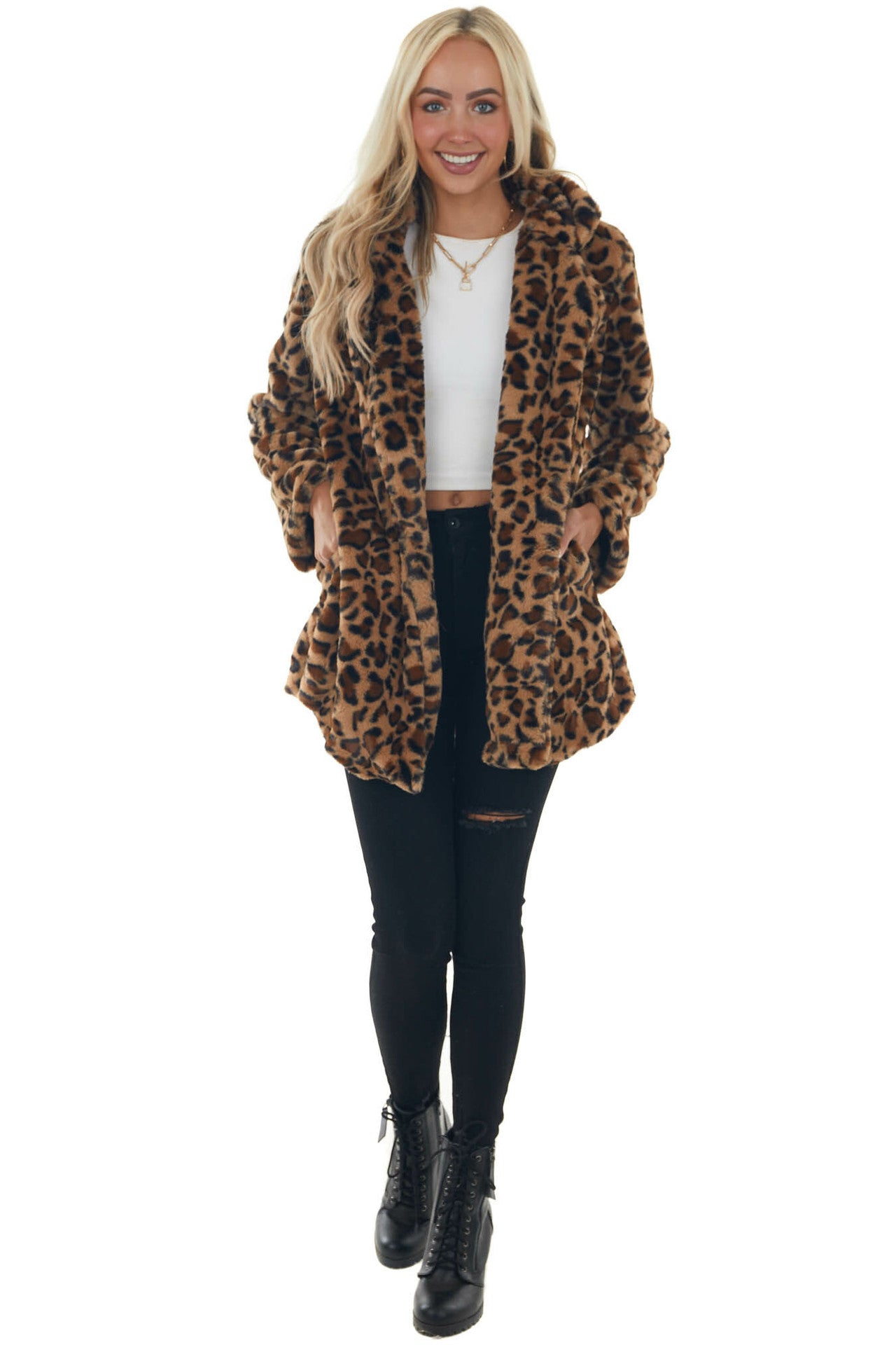 European and American autumn and winter leopard print women's clothing fashionable temperament with pocket loose fur jacket