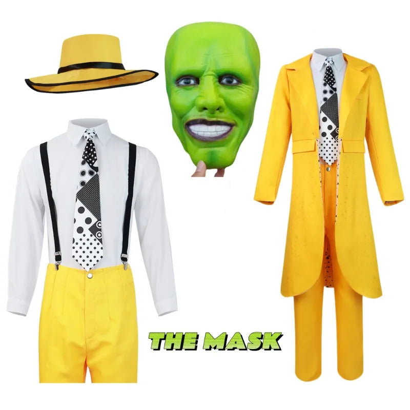 The Mask Cosplay Costume Halloween Carrey Cosplay Uniform Anime Costumes Yellow Trench Hat Carnival Party Jim Clown Mask for Men