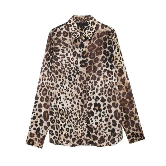 Flip collar single breasted animal print versatile shirt for women