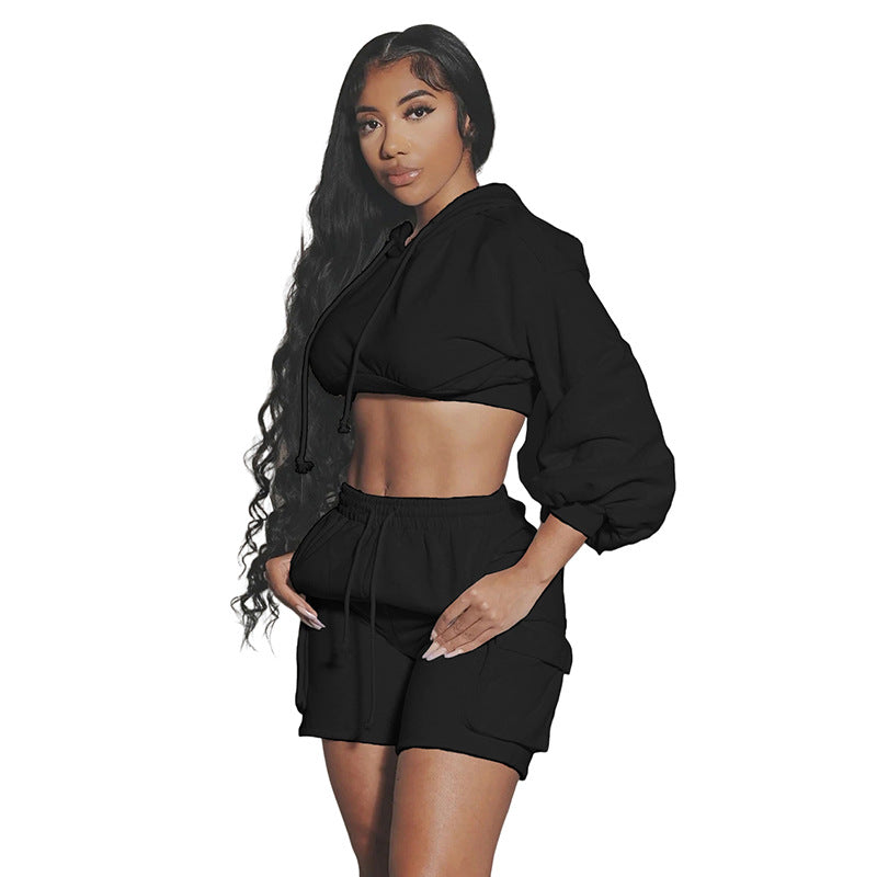 Women's New Sports and Casual Solid Color Hooded Top High Waist Slim Fit Shorts Set for Women