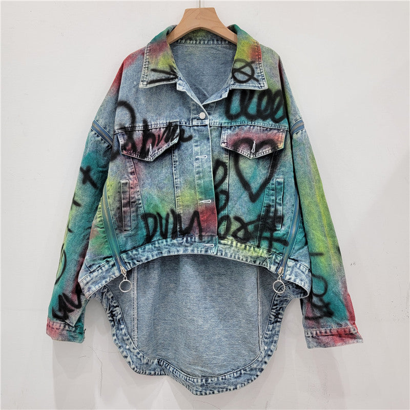 Fashion Women's Denim Coat Loose Patchwork Zippers Letters Printed Contrast Color Irregular Jacket  Autumn New